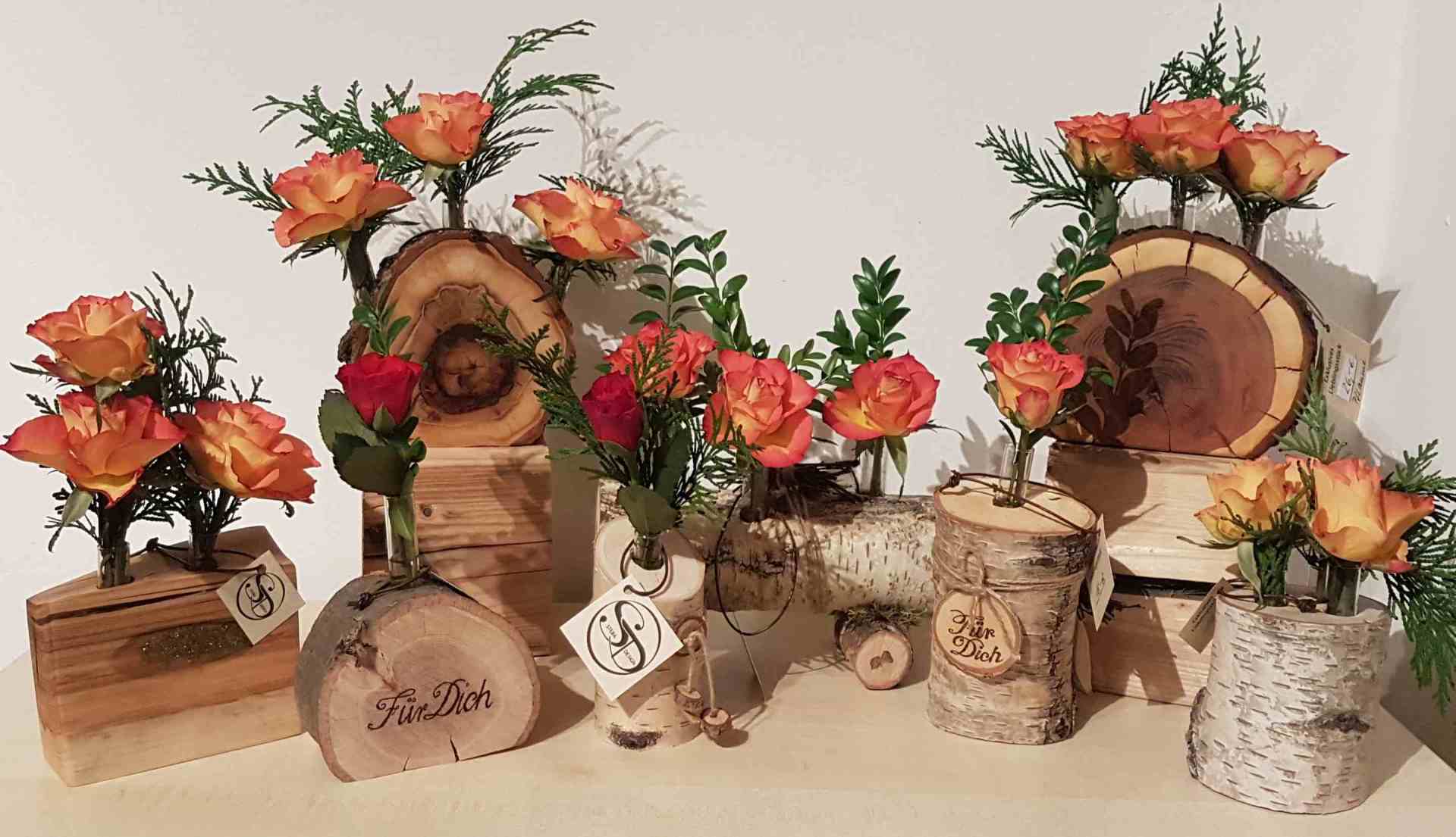 Holzvasen mit Reagenzglas Eiche Birke natur Exklusives Lieblingsstück Unikat Handarbeit