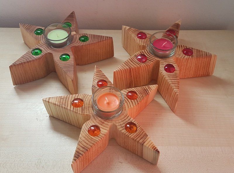 Kerzenständer Teelichhalter aus Holz in Sternform gebeizt mit Glassteinen Exklusives Lieblingsstück Unikat Handarbeit