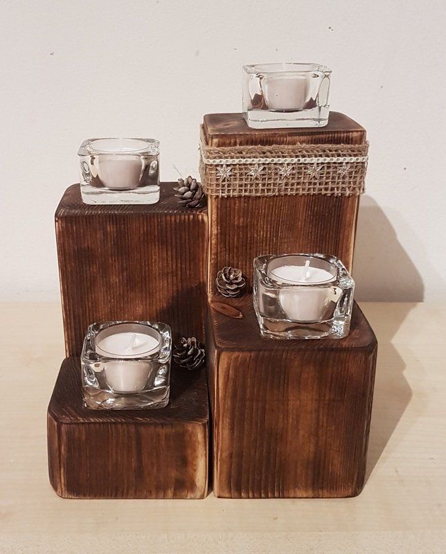 Kerzenständer aus Holzbalken mit Teelichtgläser Weihnachten Advent Exklusives Lieblingsstück Unikat Handarbeit