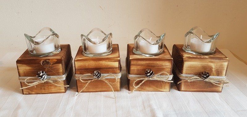4er Set Kerzenständer aus Holzbalken mit großen geschwungenen Teelichtgläser Weihnachten Exklusives Lieblingsstück Unikat Handarbeit