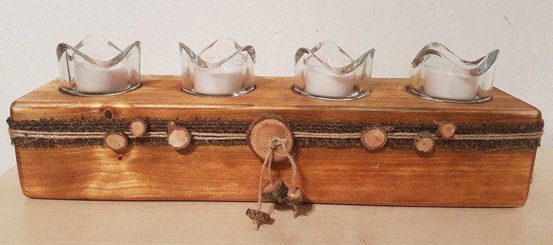 Kerzenständer aus Holzbalken mit großen geschwungenen Teelichtgläser Weihnachten Advent Exklusives Lieblingsstück Unikat Handarbeit