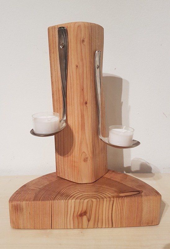 Kerzenständer Teelichhalter aus Holz Zeder und Lärche und alten versilbten Löffel Exklusives Lieblingsstück Unikat Handarbeit