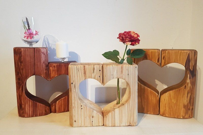 Holzvase mit Reagenzglas Kerzenständer mit Weinglas Fichte geölt in Herzform Exklusives Lieblingsstück Unikat Handarbeit