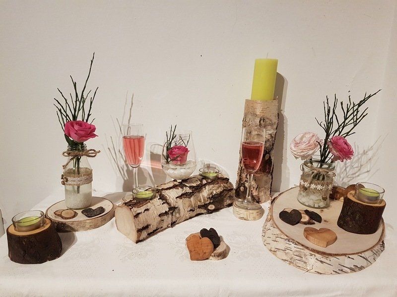 Hochzeitsdekoration aus Holz / Birke Kerzenständer Vasen Holzscheiben Birkenstamm
