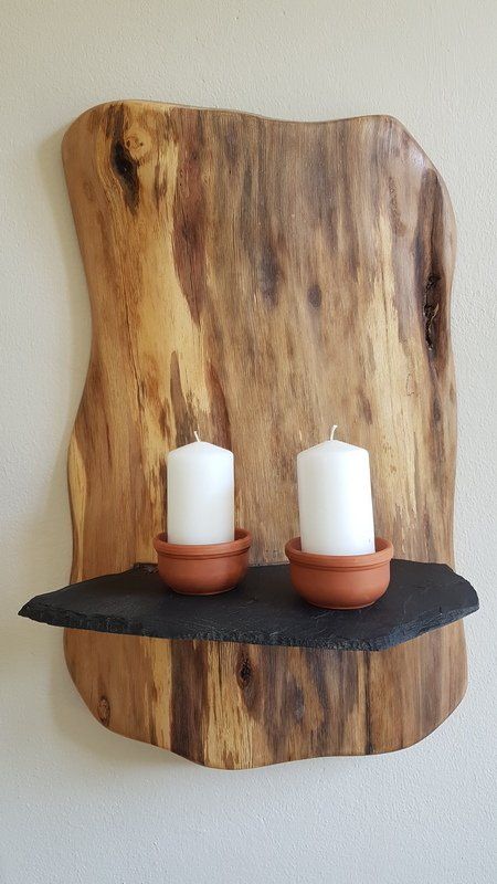 Wanddeko aus Holz urige Eiche mit Schieferbruchstück als Kerzenhalter Exklusives Lieblingsstück Unikat Handarbeit