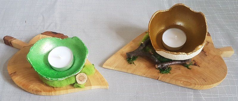 Windlichter Kreativbeton auf Holz Blattform Unikat Exklusives Lieblingsstück