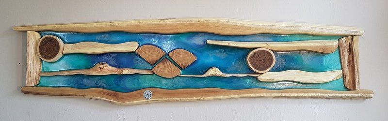 blau Wandbild aus Robinie und Epoxidharz Epoxy Collage Exklusives Lieblingsstück Unikat Handarbeit