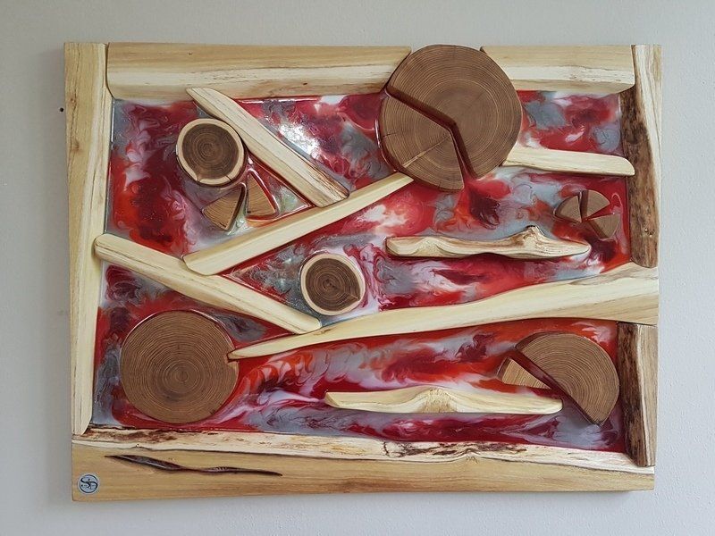 rot silber Wandbild aus Robinie und Epoxidharz Epoxy Collage Exklusives Lieblingsstück Unikat Handarbeit