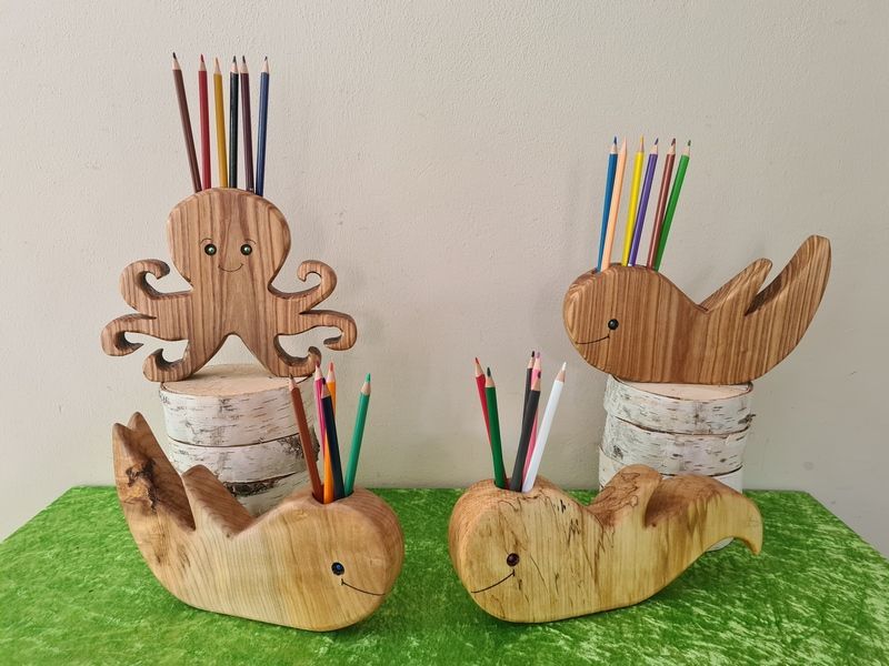 Stiftehalter Holz Wal Delfin Krake geölt Holz Natur Exklusives Lieblingsstück Unikat Handarbeit