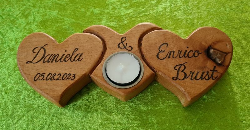 Holzherz Kerzenständer individueller Aufschrift Unikat Exklusives Lieblingsstück Hochzeitsgeschenk