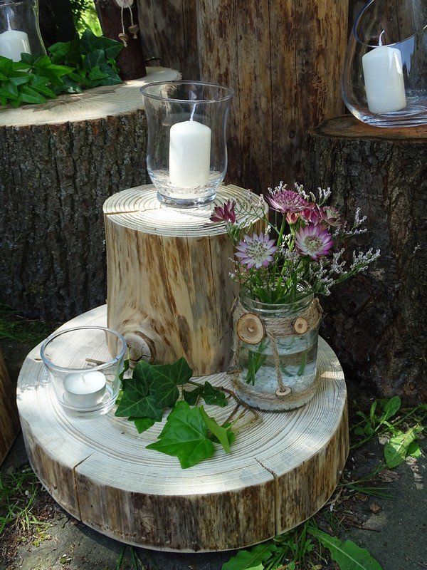 Hochzeitsdekoration aus Holz Kerzenständer Vasen Holzscheiben Holzstamm vintage