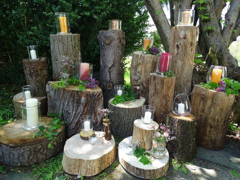 Hochzeitsdekoration aus Holz Kerzenständer Vasen Holzscheiben Holzstamm vintage