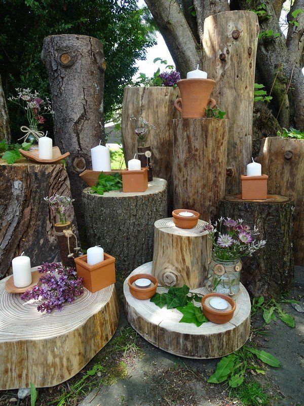 Hochzeitsdekoration aus Holz Kerzenständer Vasen Holzscheiben Holzstamm vintage