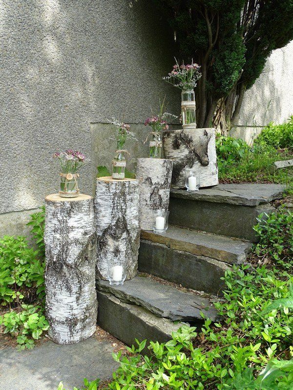 Hochzeitsdekoration aus Holz Kerzenständer Vasen Holzscheiben Holzstamm vintage