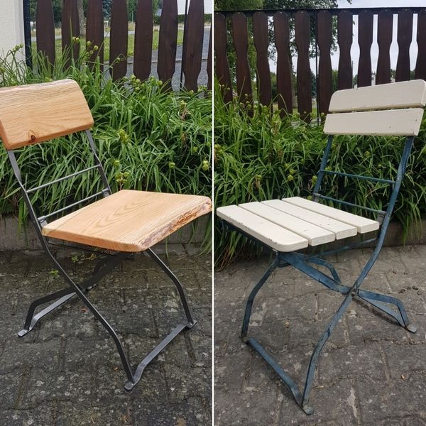 Gartenstuhl mit Massivholzplatte Roteiche lackiert Exklusives Lieblingsstück Unikat Handarbeit
