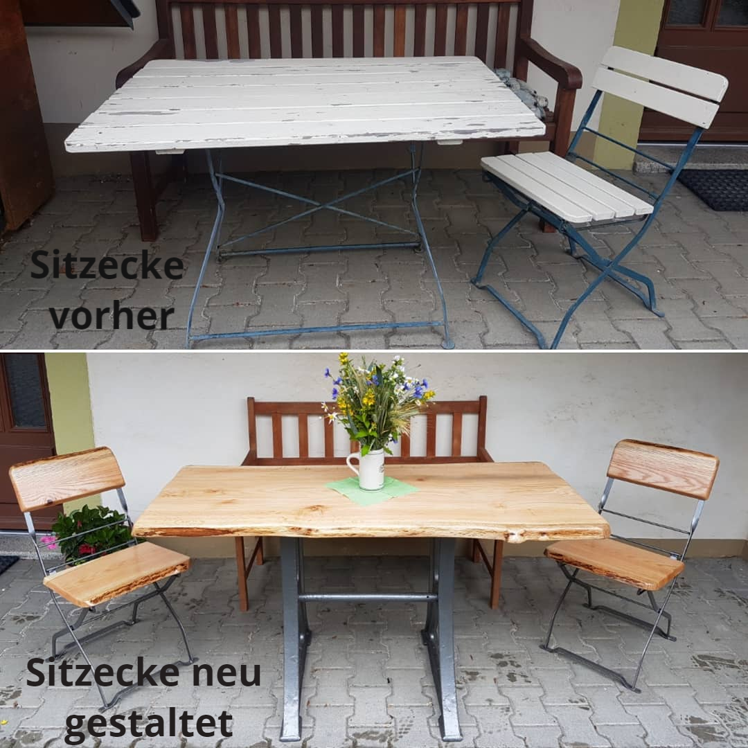 alter Gartentisch und Stühle aufbereitet mit neuem Eichenholz alter Gartentisch und Stühle aufbereitet mit neuem Eichenholz