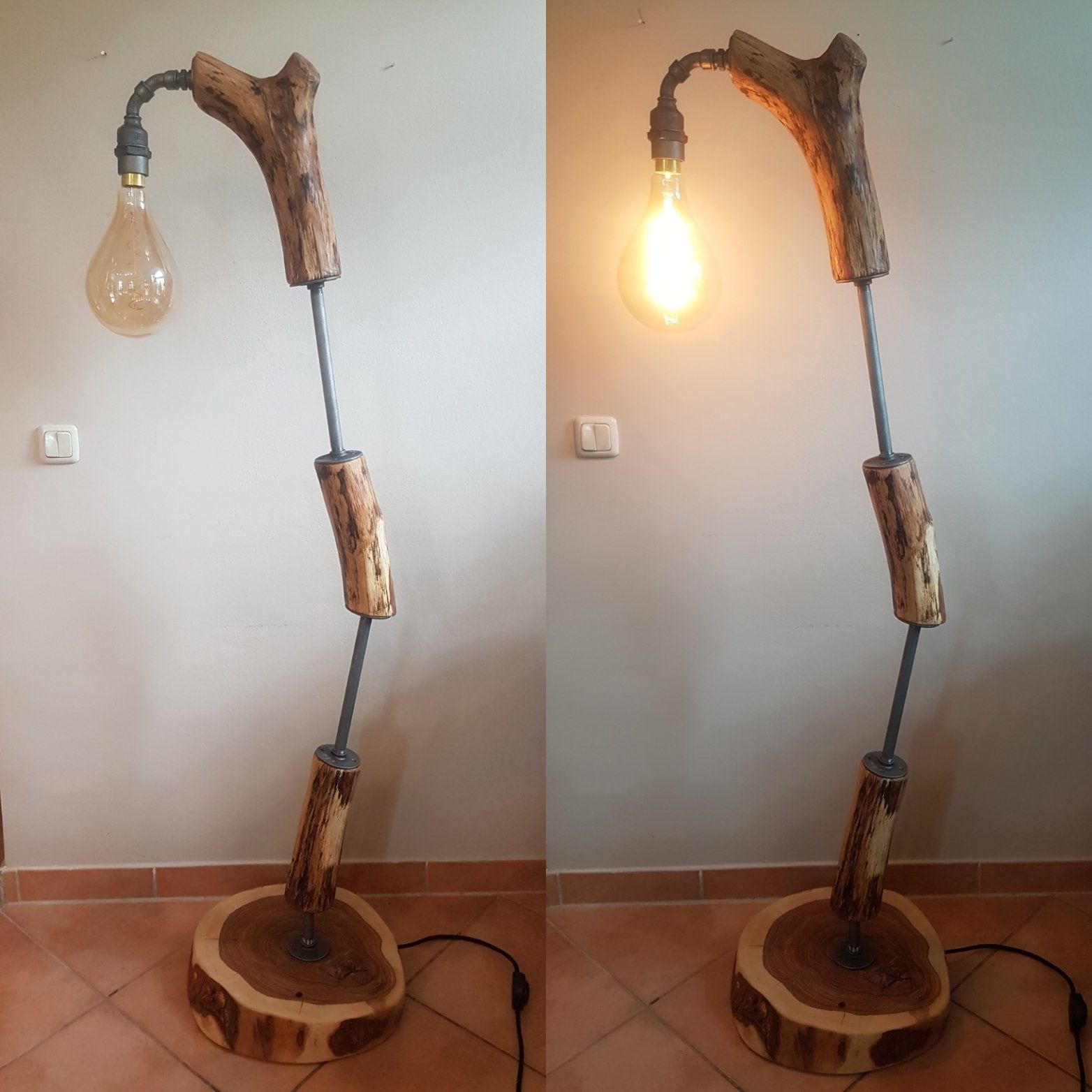 Stehlampe Holz Eiche geölt und Temperguss Industrial Style Industrie Look Unikat Exklusives Lieblingsstück