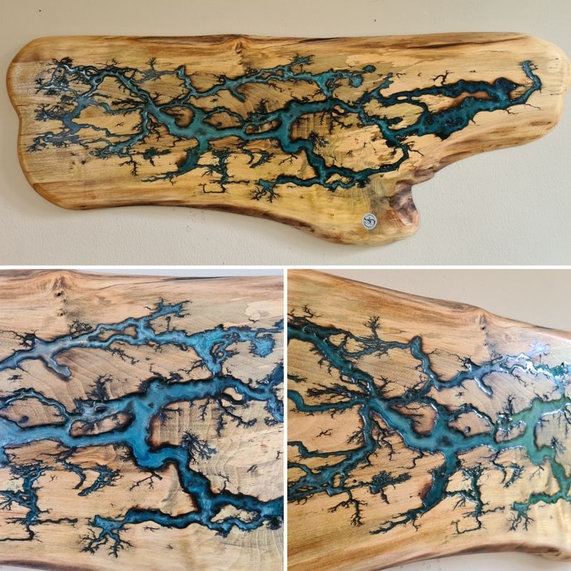 Wandbild Brett mit Lichhtenberg und Epoxidharz Epoxy Collage Exklusives Lieblingsstück Unikat Handarbeit