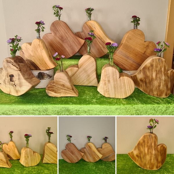 Holzvase mit Gläschen Herz geölt Exklusives Lieblingsstück Unikat Handarbeit