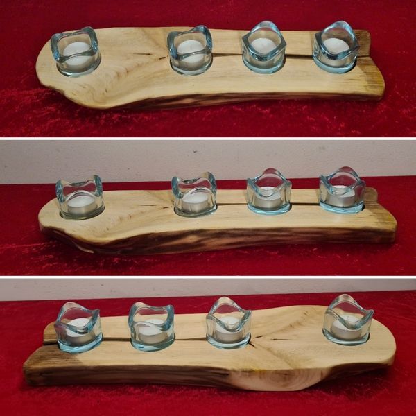 Kerzenständer aus Buche mit großen geschwungenen Teelichtgläser Weihnachten Advent Exklusives Lieblingsstück Unikat Handarbeit