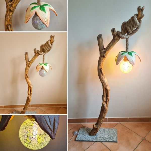 Stehlampe aus Esche Ast mit Seil und Kreativbeton Lampenschirm Exklusives Lieblingsstück Unikat