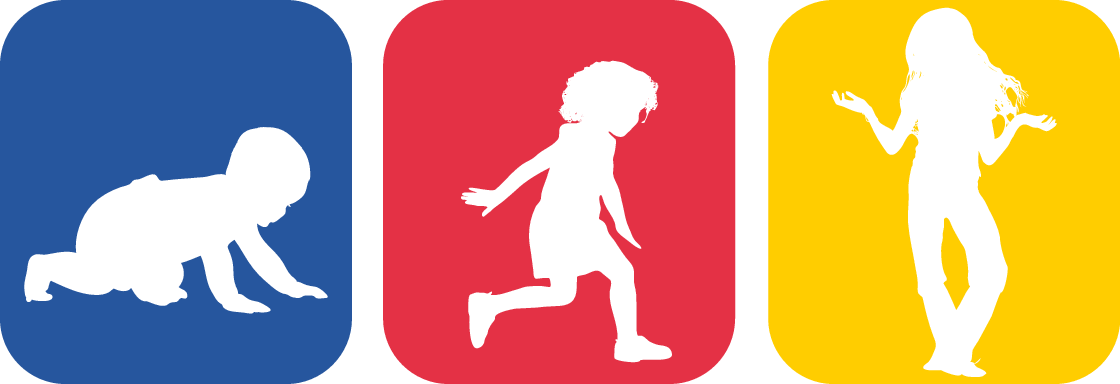 Zentrum für Kinder und Jugendheilkunde weiße Silhouette eines krabbelnden Kleinkindes auf blauem Hintergrund, weiße Silhouette eines rennenden Schulkindes auf rotem Hintergrund, eine weiße Silhouette eines posierenden Teenagers auf gelbem Hintergrund