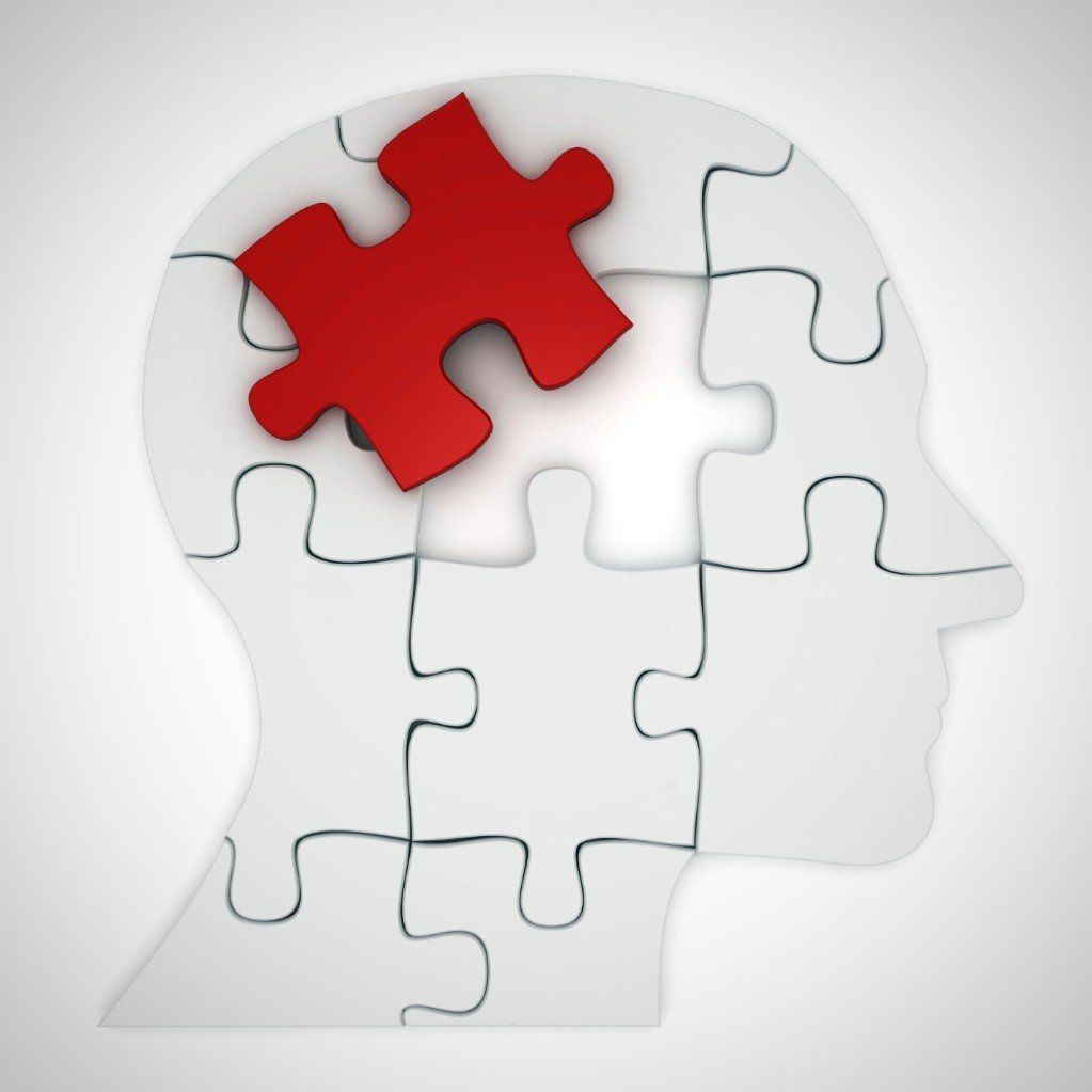 die Silhouette eines Kopfes ist als Puzzle abgebildet, bei dem ein Puzzleteil noch fehlt. Dieses liegt als rotes Puzzleteil etwas oberhalb