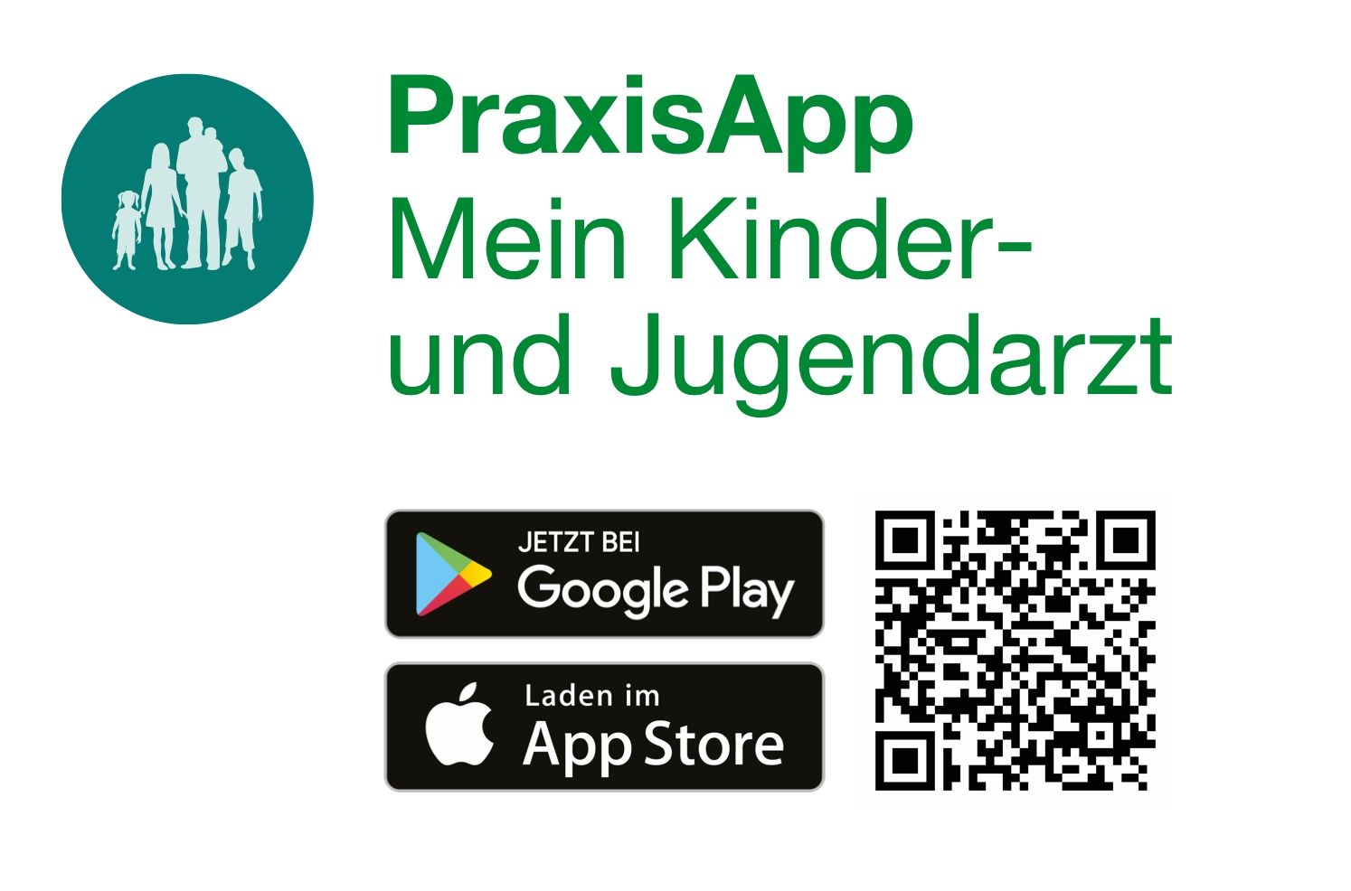 QR, AppStore Button und Google Play Store Button abgebildet, um zur PraxisApp zu gelangen