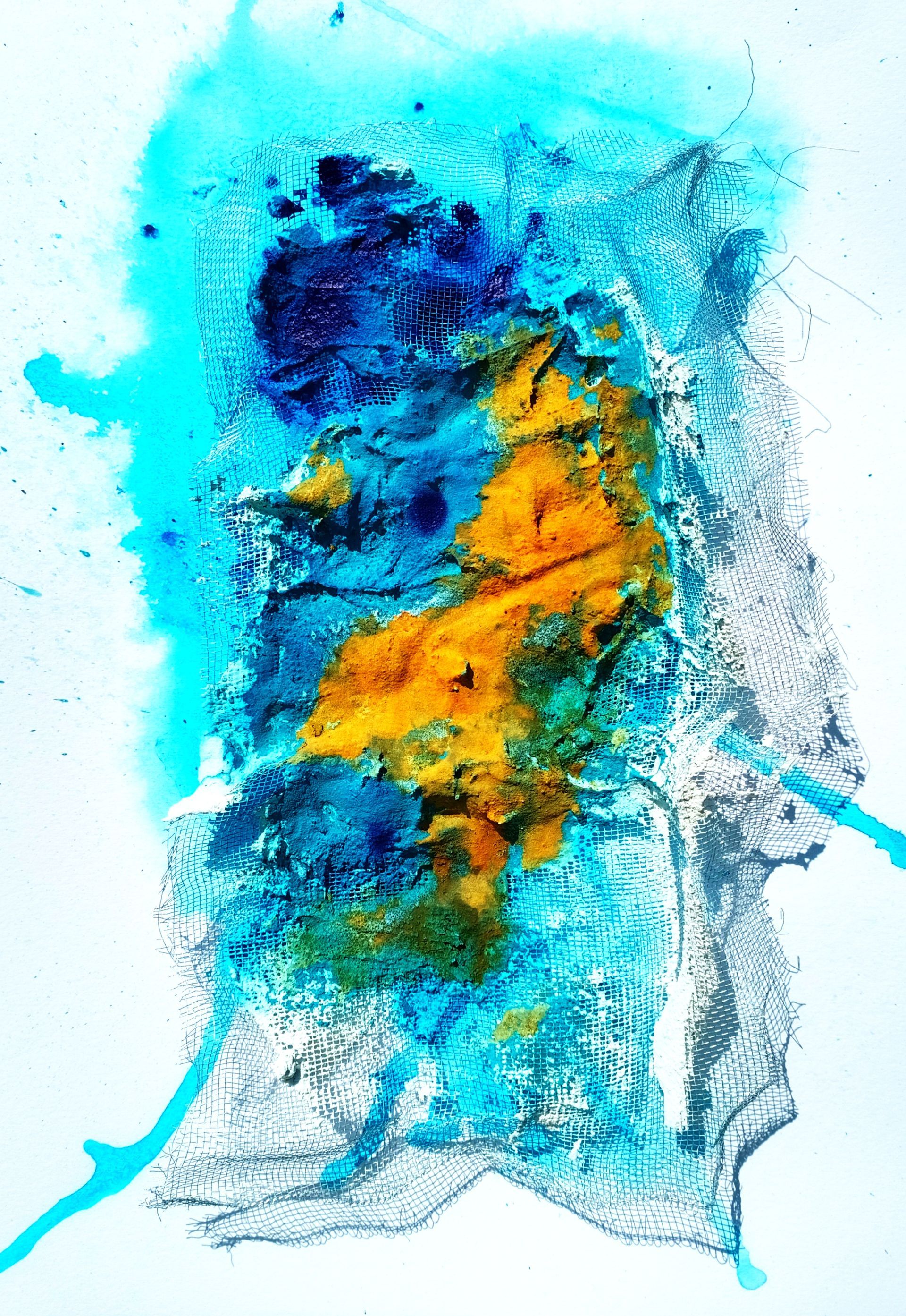 Pintura abstracta tonos azules con relieves oxidados de Pedro Alonso.