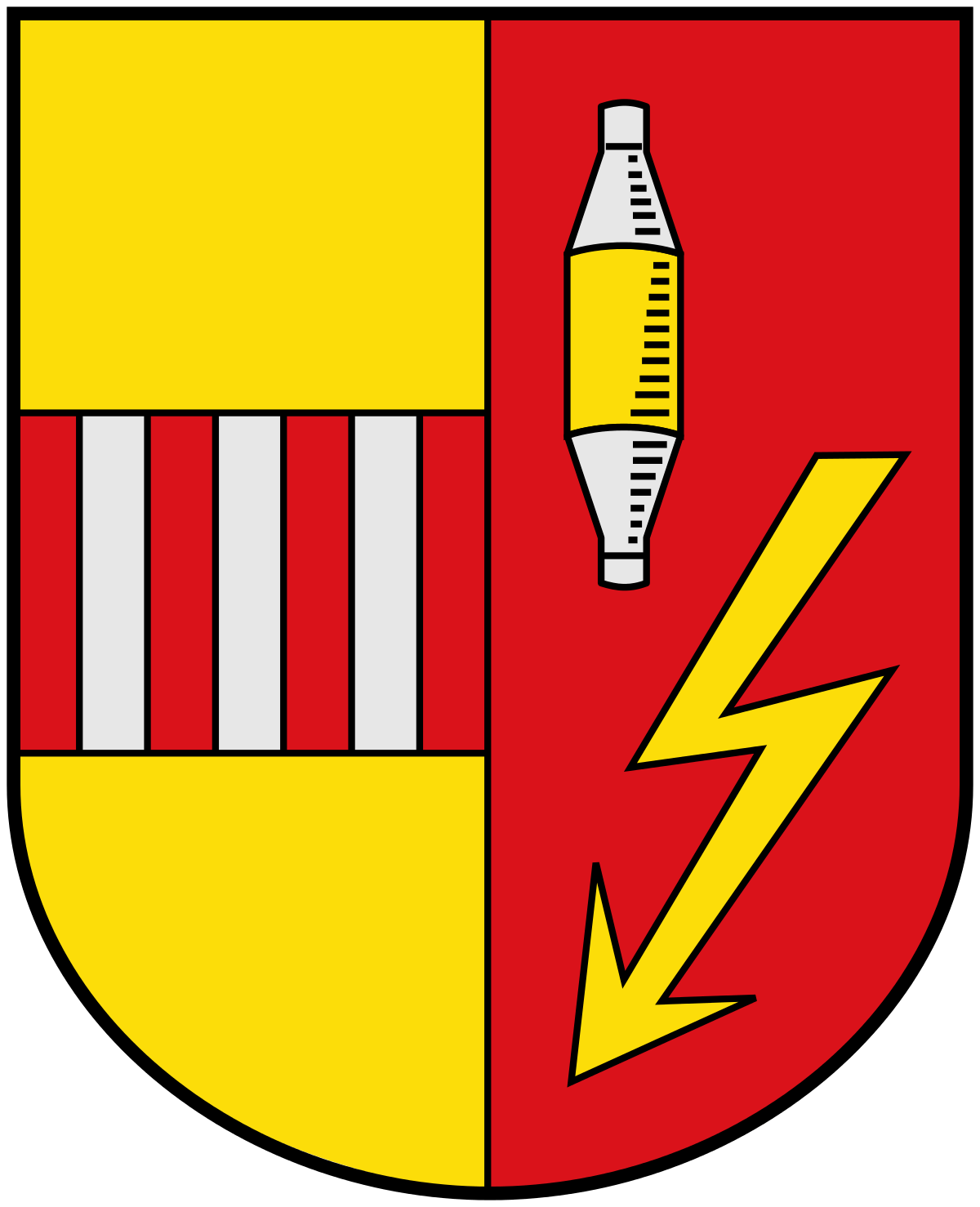 Ein Wappen in gelb rot gehalten mit Stromzeichen und Sicherung