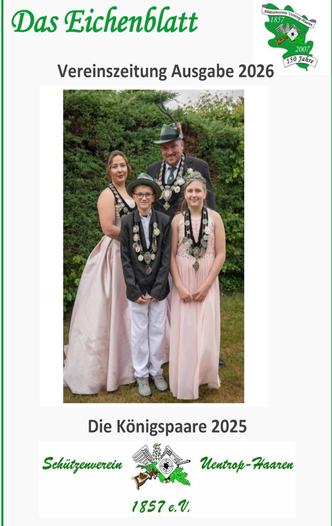 Vereinszeitung Ausgabe 2025 Bild mit einem Foto des amtierenden Königspaar, dem Vereinslogo und dem Eichenblatt