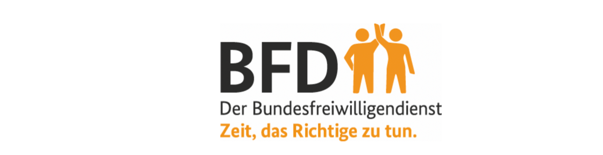 Drei Großbuchstaben BFD mit zwei sich begrüßenden Personen-Logo Bundesfreiwilligendienst