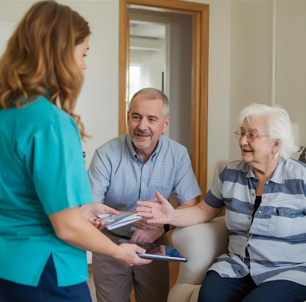 Ein Mann und eine Frau werden von einer Pflegefachfrau beraten