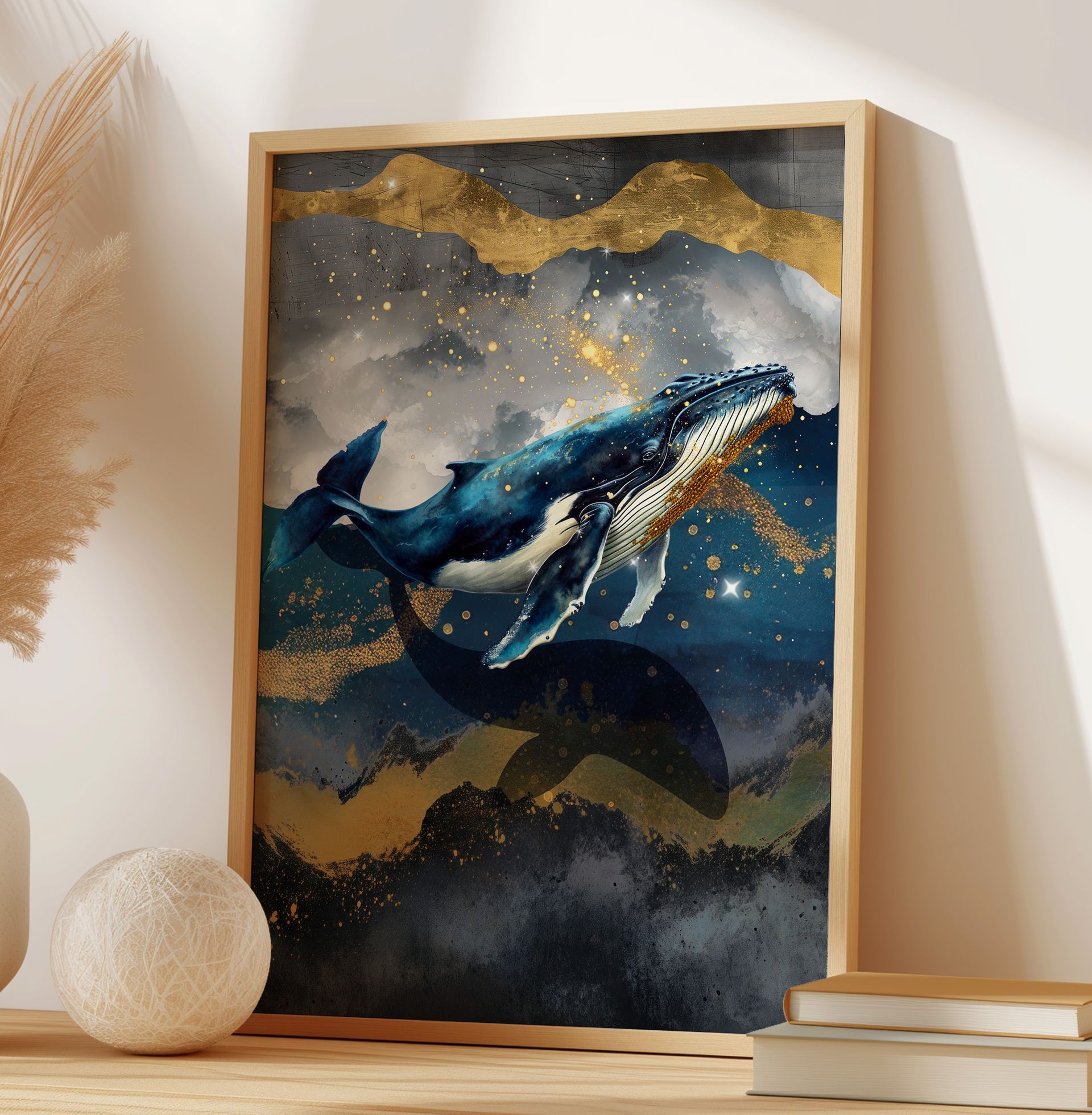 Abstract navy and gold whale wall art print featuring a majestic humpback whale swimming through shimmering waves under a cloudy sky — modern ocean-themed artwork by Made by Mika, UK
