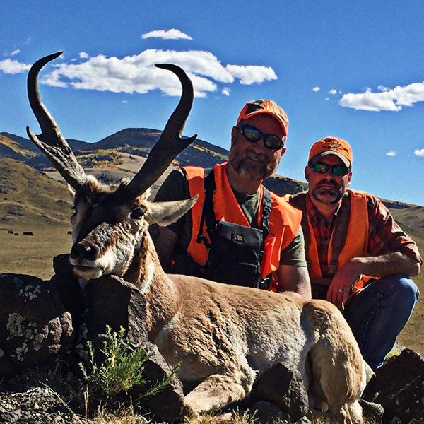 Two hunters with a deer they hunted