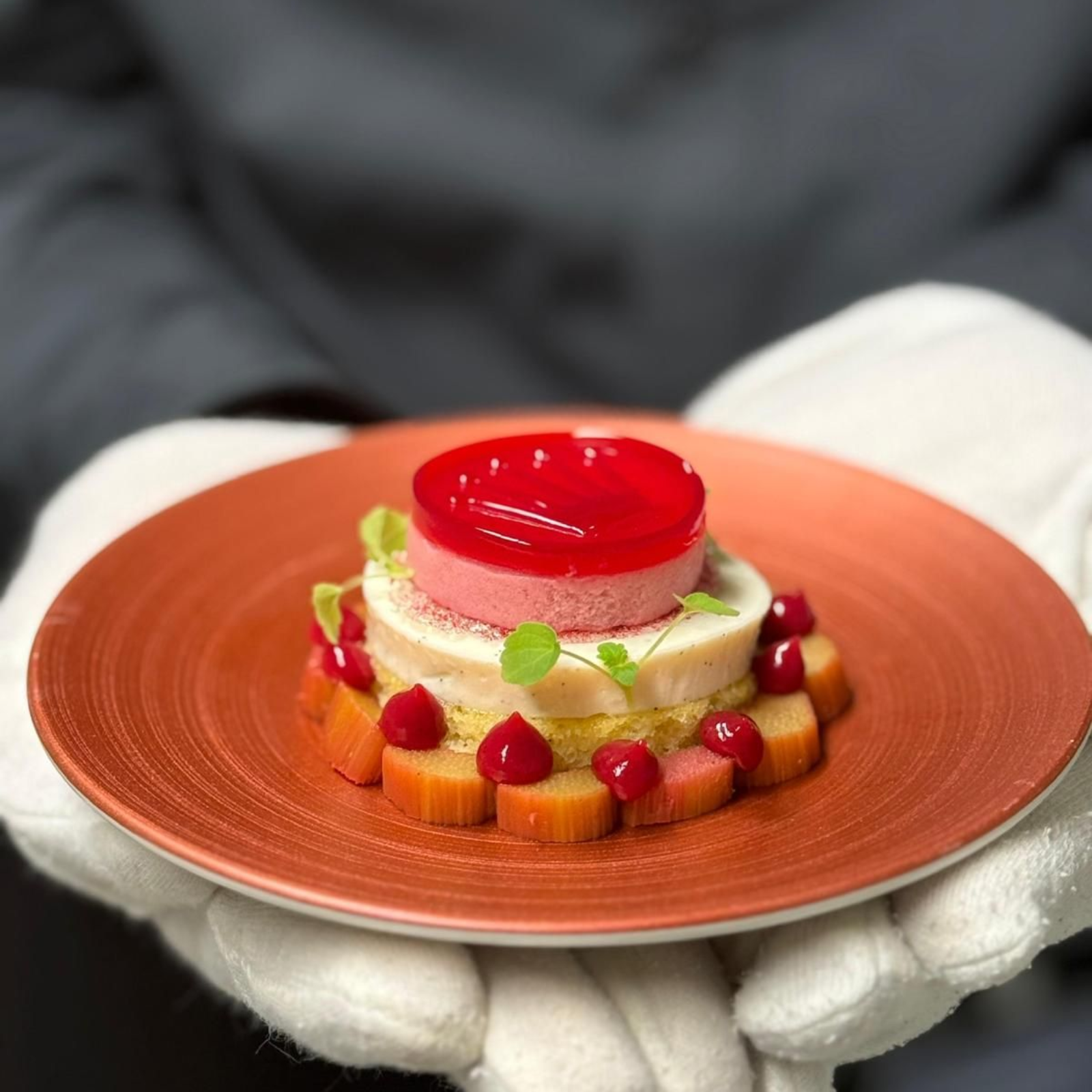 BALZER Corporate Premium Catering, snapshot of service during a store opening in Frankfurt, red dessert on plate, served with white gloves