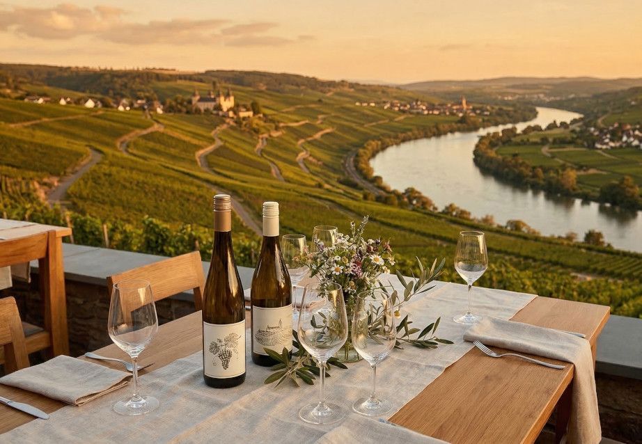 Schöne Location im Rheingau, Wein auf dem Tisch, Weinberge und Fluss im Hintergrund