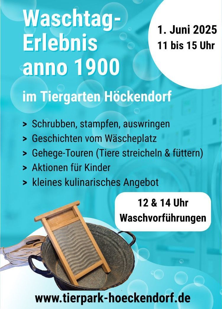 Plakat zum Waschtag-Erlebnis anno 1900 am 1. Juni mit Programmpunkten