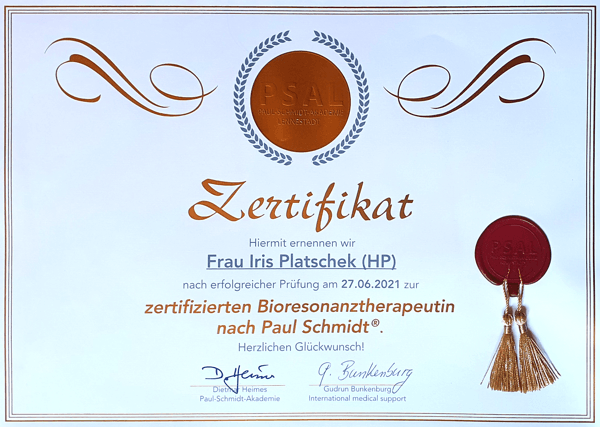 Zertifikat Bioresonanztherapie Iris Platschek