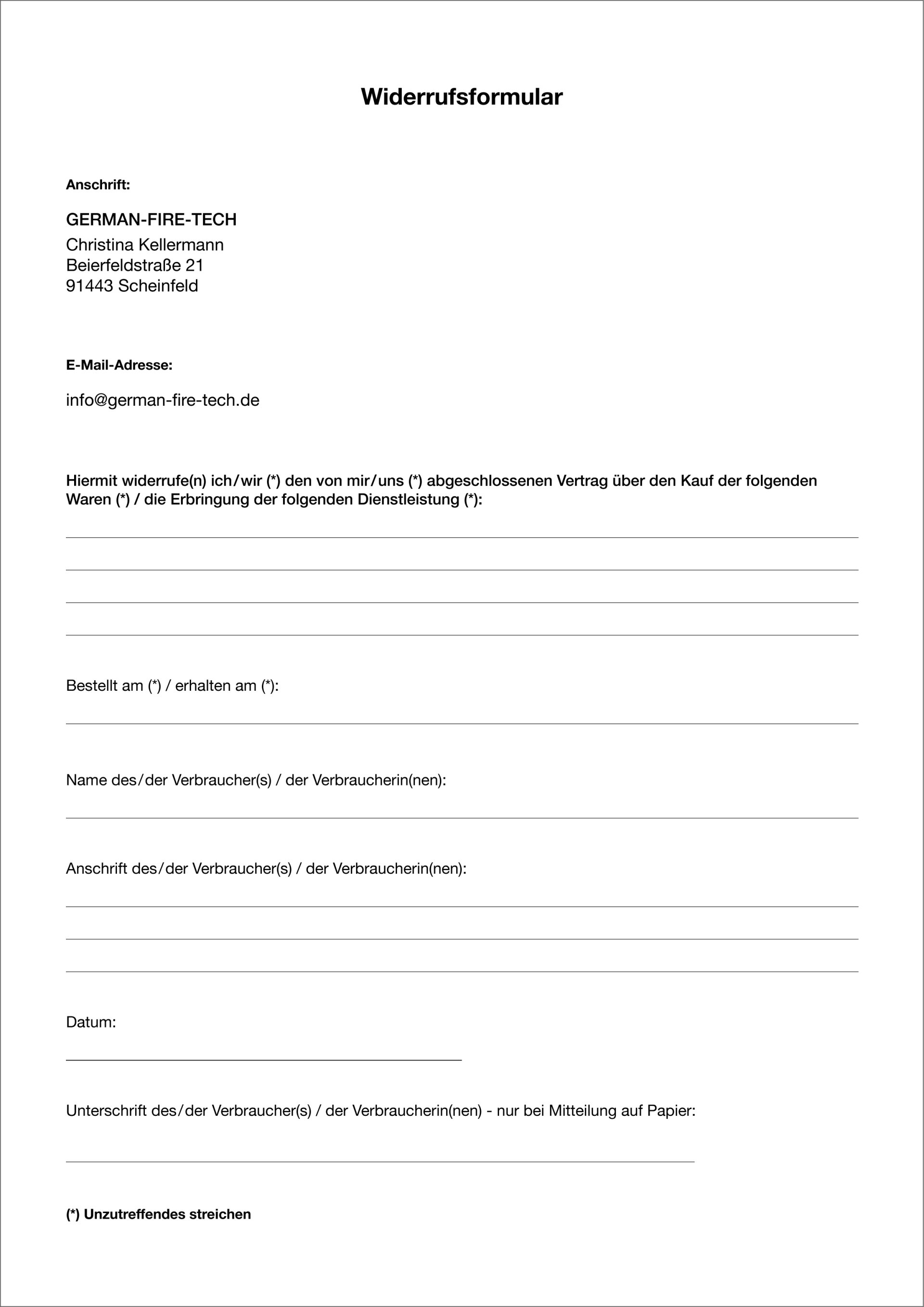 Ansicht des Widerrufsformulars.