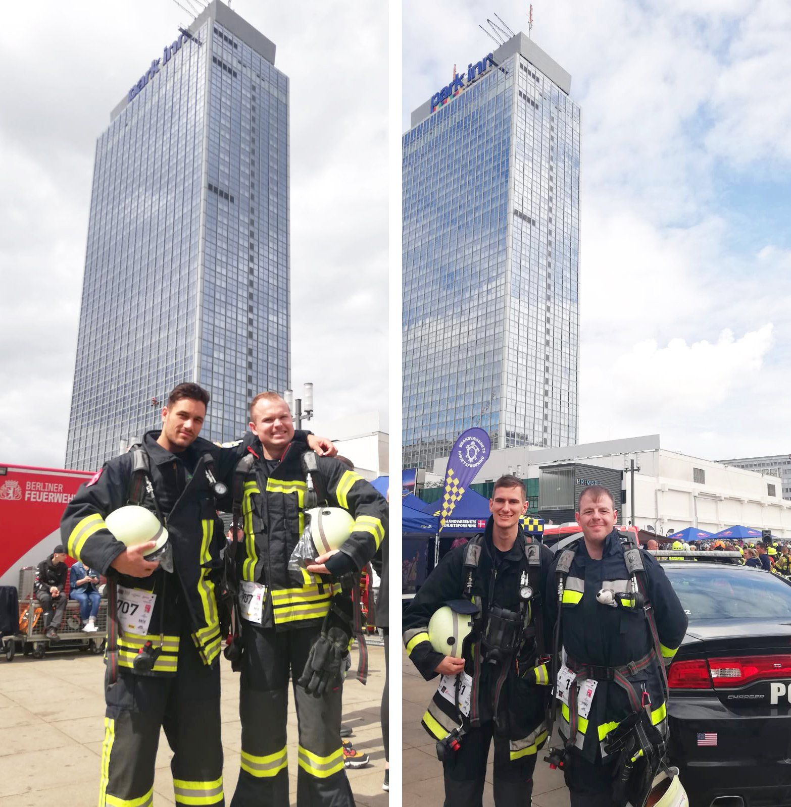 Beide Fotos zeigen die teilnehmenden Teams - die Veranstaltung war der Firefighter Stairrun in Berlin 2022.