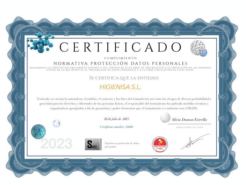certificado protección de datos personales Higienisa certificado protección de datos Higienisa