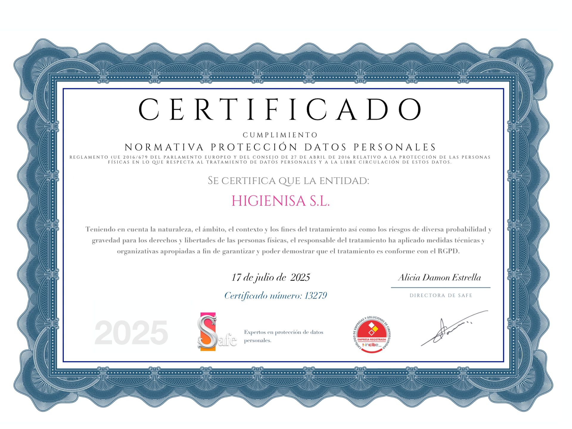 certificado protección de datos personales Higienisa certificado protección de datos Higienisa