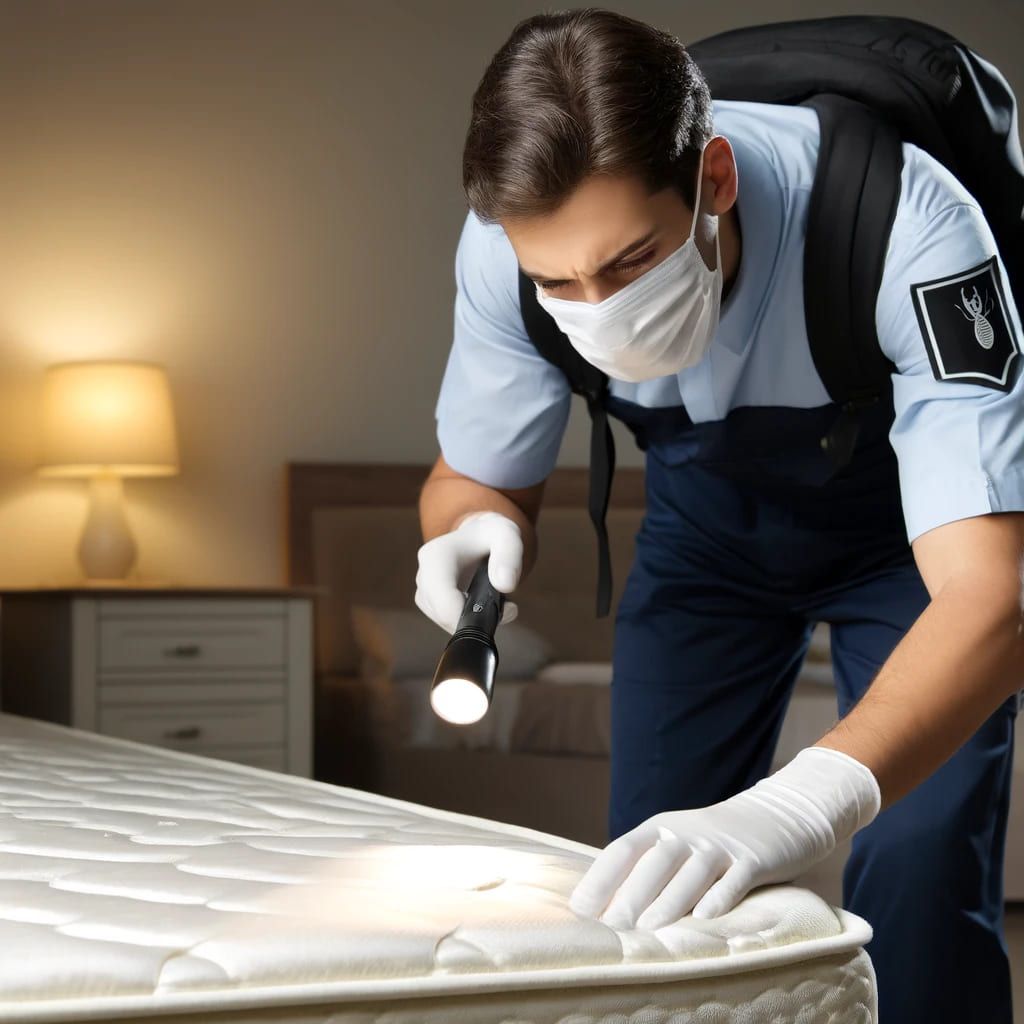 Exterminador de chinches de la cama realizando una inspección del colchón Exterminador de chinches de la cama realizando una inspección del colchón