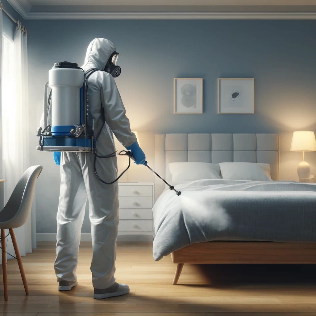 Exterminador realizando fumigación para acabar con las chinches de la cama Exterminador realizando fumigación para acabar con las chinches de la cama