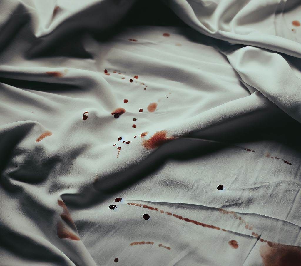 Manchas de sangre en las sábanas ocasionadas por las chinches de la cama 