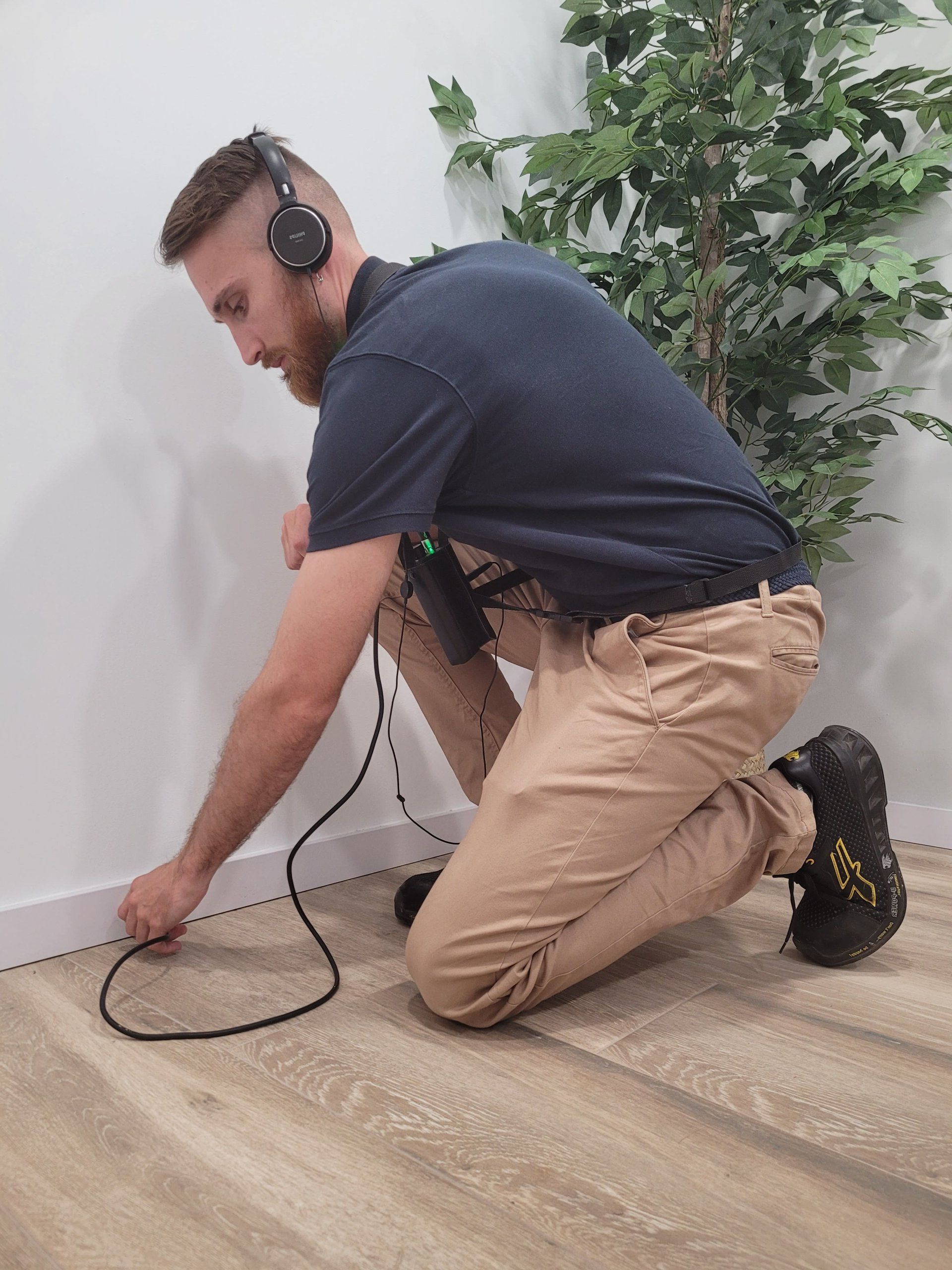 Técnico de Higienisa realizando escucha con detector acústico para eliminar termitas en Albacete. Técnico de Higienisa realizando escucha con detector acústico para eliminar termitas en Albacete.