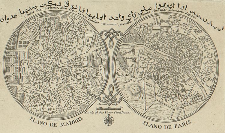 Plano de Madrid y París en 1750