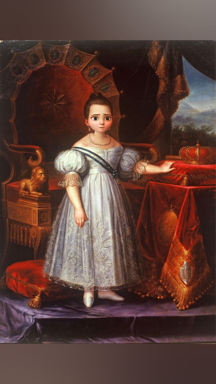 Isabel II, niña, ante el trono pixarizada