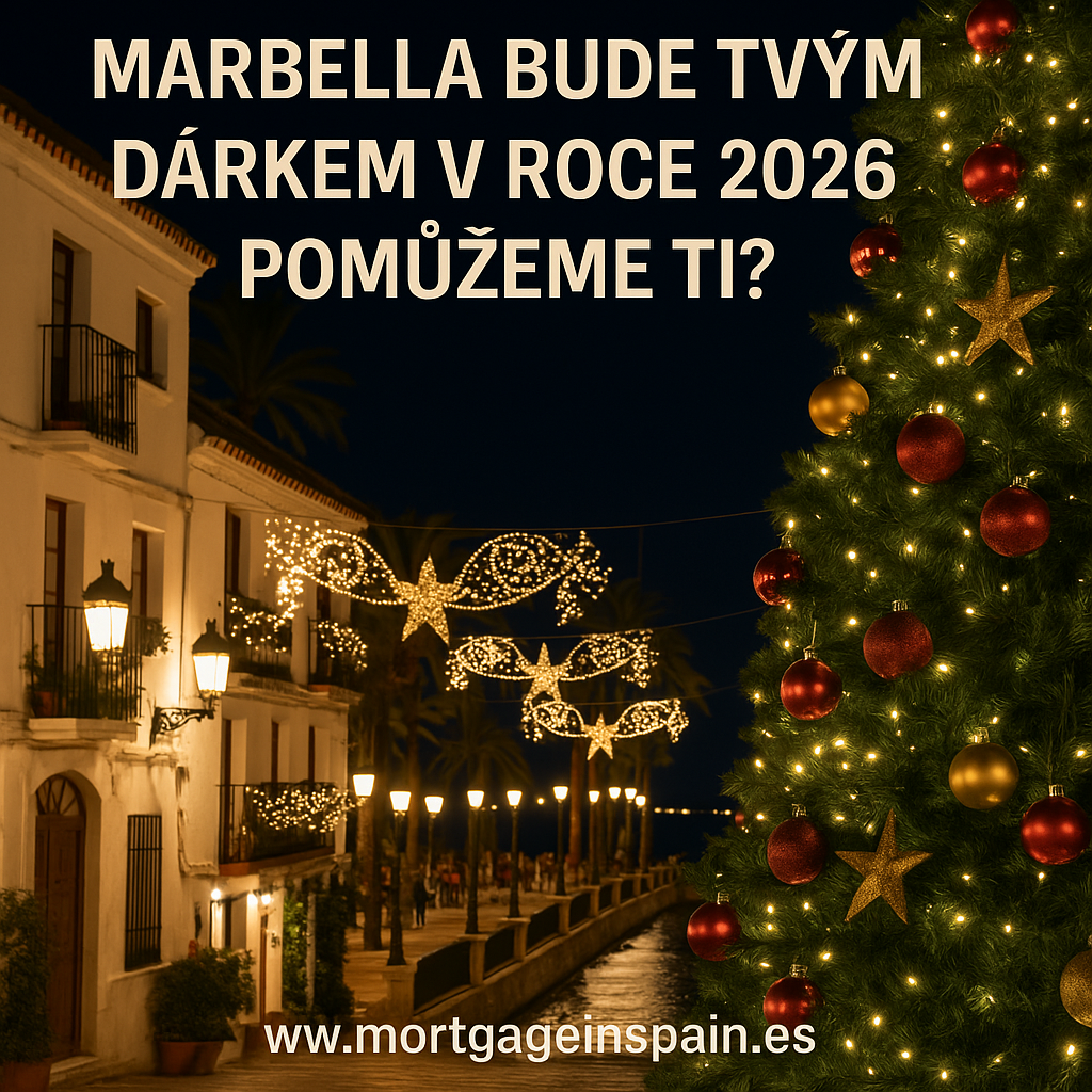 Vánoční Marbella s vánočním stromem a textem „Marbella bude tvým dárkem v roce 2026“.